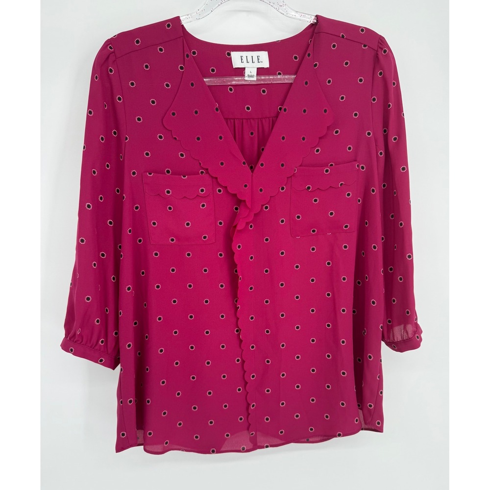 ELLE Magenta Pink Daisy Dot Scalloped V-Neck 3/4 Sleeve Blouse Top Sz L